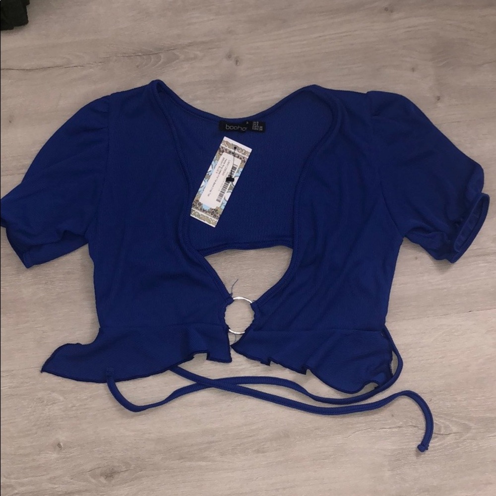 Blue Frill Tie Back Crop Top w/ Ring Detail